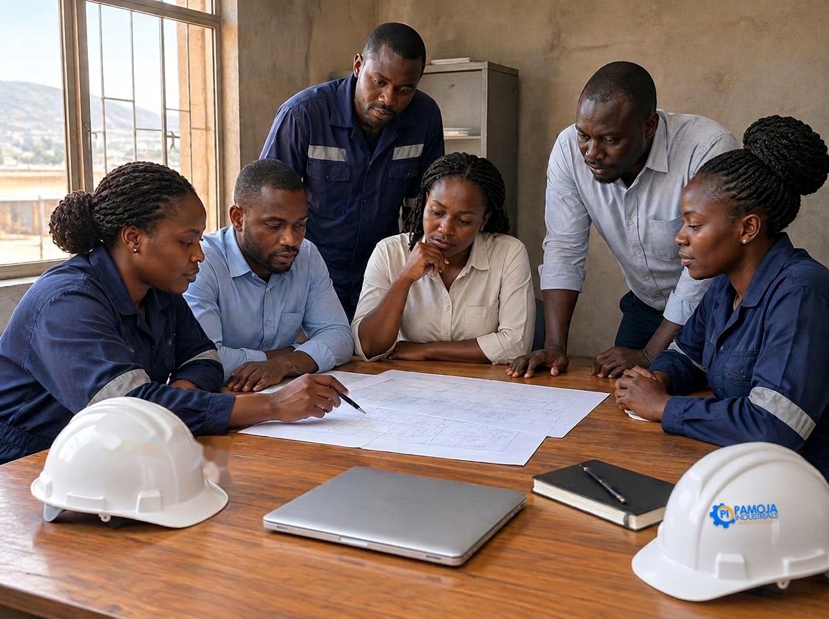 Six membres de l'équipe de Pamoja Industrials, hommes et femmes, réunis autour d'une table de travail avec des plans et des casques blancs